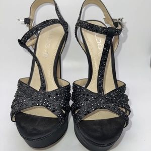 ALDO Black Leather Suede Sparkle Ankle Strap OpenToe Platform Pump Shoe Size 6.5